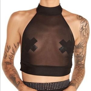 Sheer mesh black halter rave crop top
